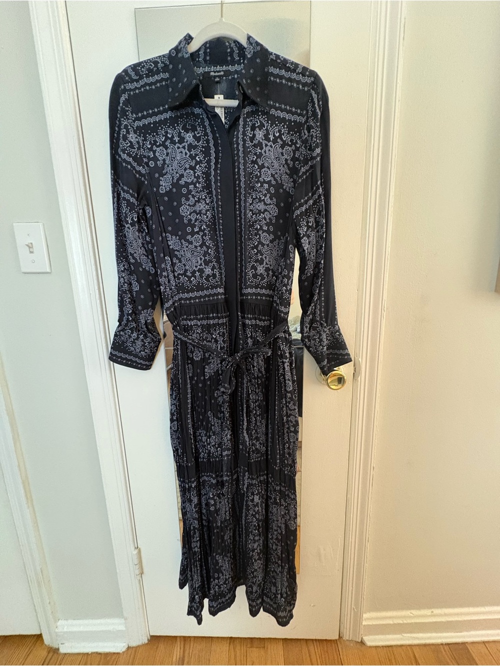 Long Sleeve Navy Printed Shirt Dress with Tie Waist